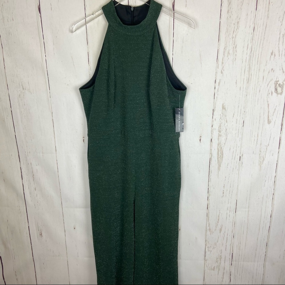 a jumpsuit: DONNA MORGAN green metallic jumpsuit